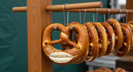 Freshly baked pretzels hanging on rack at outdoor market  