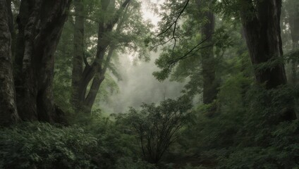 Obraz premium Ethereal Forest - A Misty Path Through Dense Woodland.
