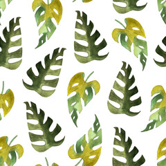 seamless pattern of monstera and philodendron watercolor leaves hand drawn on white background © elenaseiryk