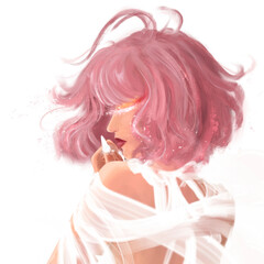 Woman with short pink hair dressed in a white bridal gown and orange makeup 