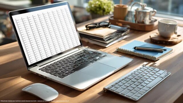 The Modern Workplace: An inviting desk setup with a laptop displaying a spreadsheet, suggesting a productive work environment filled with technology.