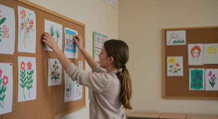 Girl hanging colorful artwork on bulletin board in classroom  