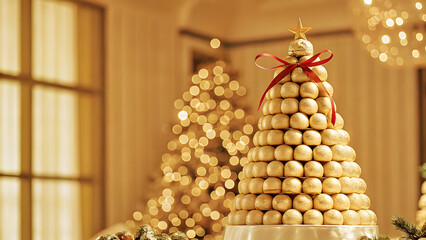 Luxurious golden holiday dessert tree with a star and red ribbon, shimmering bokeh lights creating a festive and elegant christmas celebration atmosphere.