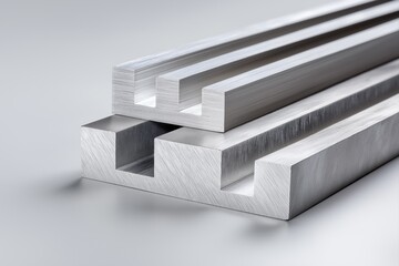 Macro photo of layered brushed aluminum fin plates with rectangular channel cutouts and alternating rib structure on neutral light-gray gradient background