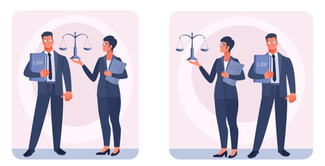 A male and female lawyer in business suits holding the scales of justice and a law book. Concepts of law and justice, legislation, and legal and attorney services in court. Vector illustration.