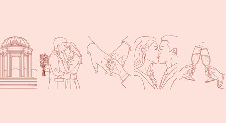 Elegant line art sequence captures the romantic journey from proposal moment to joyous wedding celebration toast