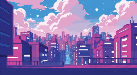 Stunning vaporwave cityscape panorama with vibrant pink and blue synthwave clouds over modern urban skyline © VectoVerse