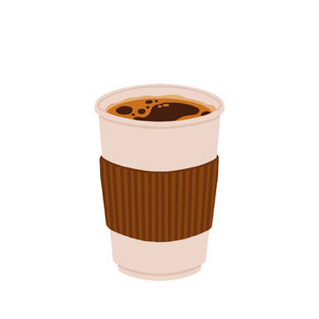 Takeaway paper coffee cups. Takeout hot drinks to go in paper mugs with lids and sleeves, zarf. Take-away tea and coffee on holder. Flat vector illustration isolated on white background