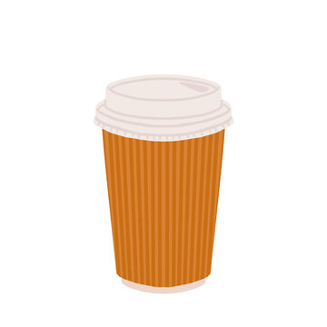 Takeaway paper coffee cups. Takeout hot drinks to go in paper mugs with lids and sleeves, zarf. Take-away tea and coffee on holder. Flat vector illustration isolated on white background