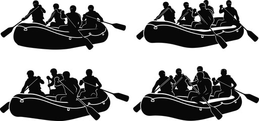Adventure rafting team silhouettes paddling inflatable boat in river, extreme water sport action scene illustration for outdoor activity, teamwork and adventure concepts