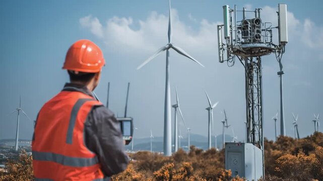 Medium shot of a weather station technician calibrating instruments while monitoring fluctuating wind speeds and environmental data for local weather forecasts