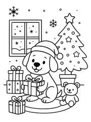 adorable ​Christmas puppy, bold and easy christmas coloring page for kids, cute dog with wrpped presents, Christmas tree in the background., coloring book, gifts, vector image	
