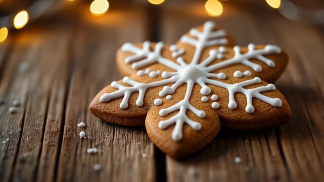 A detailed gingerbread snowflake cookie with intricate white icing patterns, warm cozy Christmas