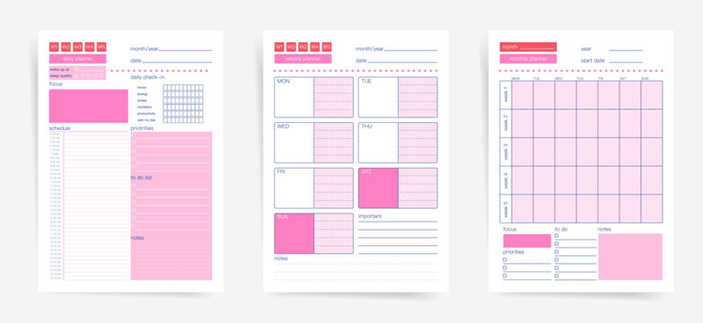 Daily weekly monthly planner template set, pink minimal schedule organizer pages with priorities, notes and to do list
