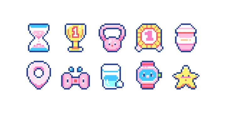 Pixel Sport and Fitness Habit Icons Pack. Kawaii 8 bit Trophies, Kettlebell, Timer, Protein Shaker Bottle, Dumbbells and Reward Stars. Cute Reward Video Game Element for Fitness Tracker Decoration.
