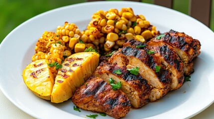Delicious grilled chicken breast slices with sweet corn kernels and grilled squash arranged beautifully on a white plate for a healthy and tasty summer meal.