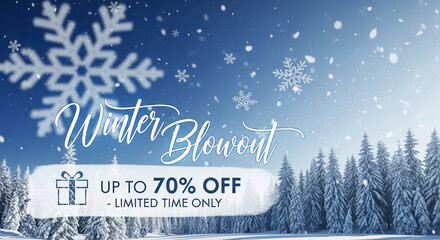 Winter scene featuring snow-covered trees and snowflakes, with text overlay promoting a sale, representative of seasonal discounts and limited-time offers