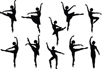 Ballet dancer silhouettes, classical dance poses, elegant ballerina artwork, black silhouette illustration, performing arts design, graceful movement drawing, cultural dance figure