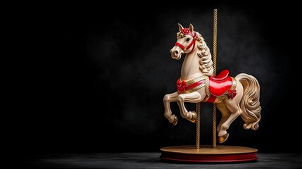 Elegant Vintage Carousel Horse with Red and Gold Accents on Dark Background