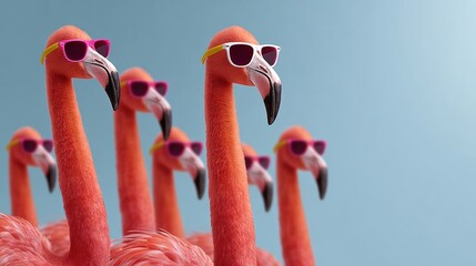 Group of vibrant flamingos wearing colorful sunglasses, standing together against a soft blue background, showcasing a playful and fun summer vibe with a whimsical atmosphere