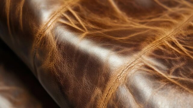 Video A detailed view of a brown leather couch with stitching and texture