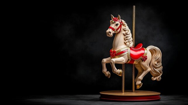 Elegant Vintage Carousel Horse with Red and Gold Accents on Dark Background