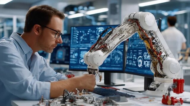Innovation at Work: An engineer, meticulously focused, fine-tunes a robotic arm, surrounded by advanced technology, embodying the forefront of innovation and automation in a modern laboratory.