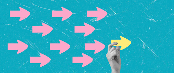 Art collage, Hand pointing at yellow arrow among pink arrows on blue background in a digital design