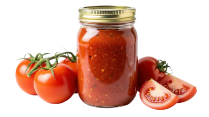 Jar of homemade tomato sauce with fresh tomatoes isolated PNG, canned food for pasta and pizza recipes on transparent background