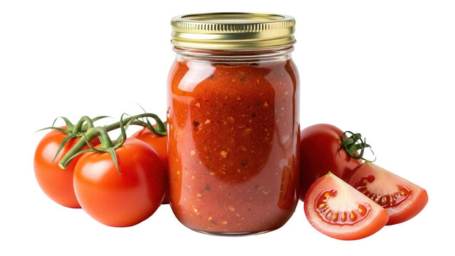 Jar of homemade tomato sauce with fresh tomatoes isolated PNG, canned food for pasta and pizza recipes on transparent background