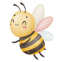 Cute watercolor flying bee character with pastel wings for adorable themed designs