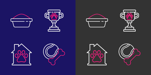 Set line Pet toys bone rubber and ball, house, award and food bowl icon. Vector