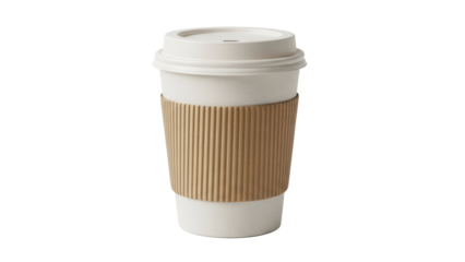 Beige paper coffee cup with lid and cardboard sleeve isolated PNG, hot beverage container for cafe and takeaway