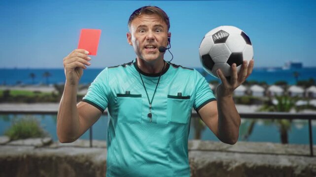 Referee man holds red card high and cradles soccer ball on a street with headset and whistle, stern expression and outstretched arms; authority fairness.