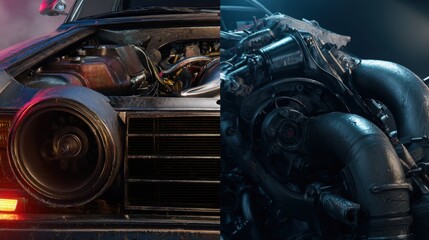 Fototapeta premium split image old 1980s simple engine on left, modern turbocharged engine on right, humorous contrast, goofy vs high tech, photorealistic, detailed
