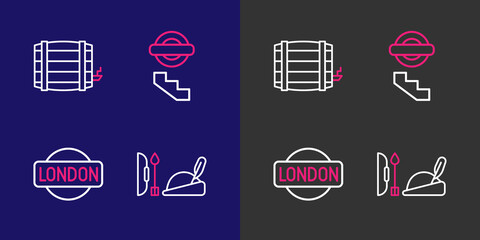 Set line Robin hood hat, London sign, underground and Wooden barrel icon. Vector