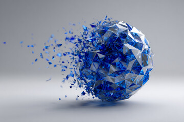 Abstract blue crystal sphere shattering into fragments against a neutral background