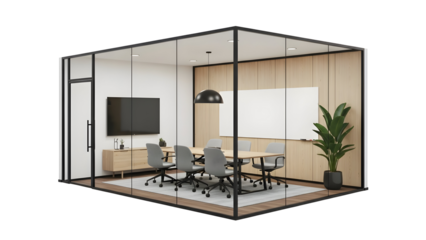 Glass-enclosed conference room with wooden table, office chairs, green plants, and presentation screen, showcasing modern corporate meeting space design.