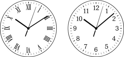 Two round white faced clocks, one with classic roman numerals and the other with modern arabic numbers, both displaying different times on an isolated white background.