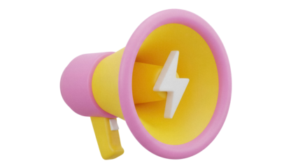 Pink and yellow megaphone with lightning bolt isolated PNG, communication device for announcements and marketing on transparent background