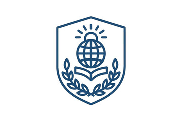 Global education and achievement crest icon with open book and laurel wreath