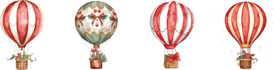 Watercolor set hand draw Christmas air balloon, toy illustration, isolated on white background