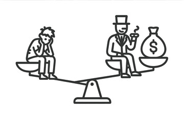 Wealthy person with money bag outweighing a poor distressed person on a balance scale
