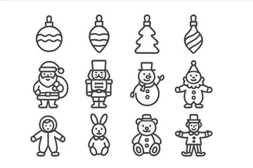 Outline Christmas symbols featuring Santa Claus, snowman, nutcracker, and tree decorations