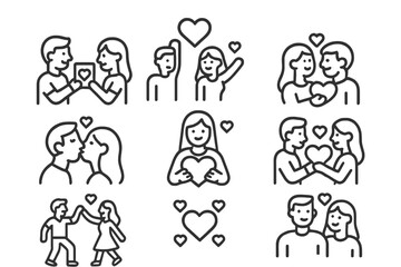 Minimalist line icons set for romantic relationships, dating, couples, and love concepts