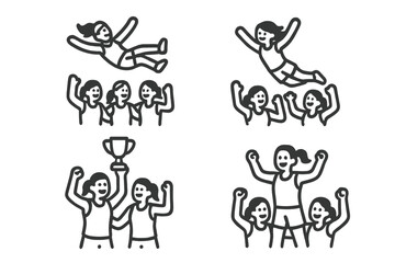Simple line art icons depicting a female team celebrating victory and achievement with a trophy
