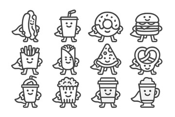 Collection of cute fast food characters dressed as superheroes wearing capes