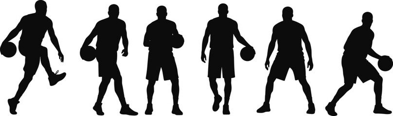 Basketball player silhouettes dribbling, walking, standing, holding ball, sports action poses, cad drawing flat vector illustration, isolated design
