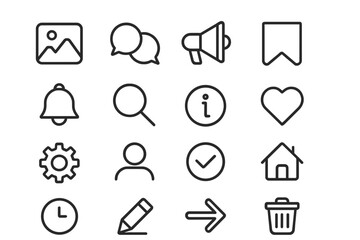 Sixteen essential outline icons including chat, settings, home, heart, search, and profile symbols