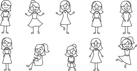 Cartoon girl emotional poses, expressive character gestures, black and white line art, mood icons, cad drawing flat vector illustration